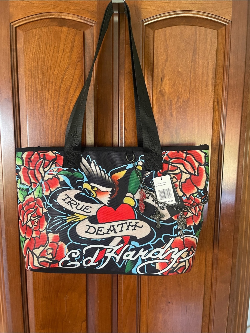 Ed Hardy Black Tote with Red Rose and Heart Tattoo Graphic Til True Death